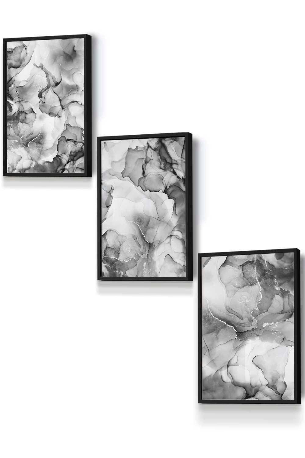 Set of 3 Black Framed Abstract Floral Fluid in Grey Wall Art